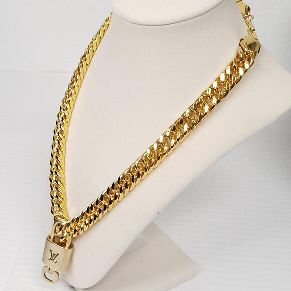 Authentic Louis Vuitton Padlock w/unbranded Cuban Style 18k Gold Plated Chain - Picture 2 of 15